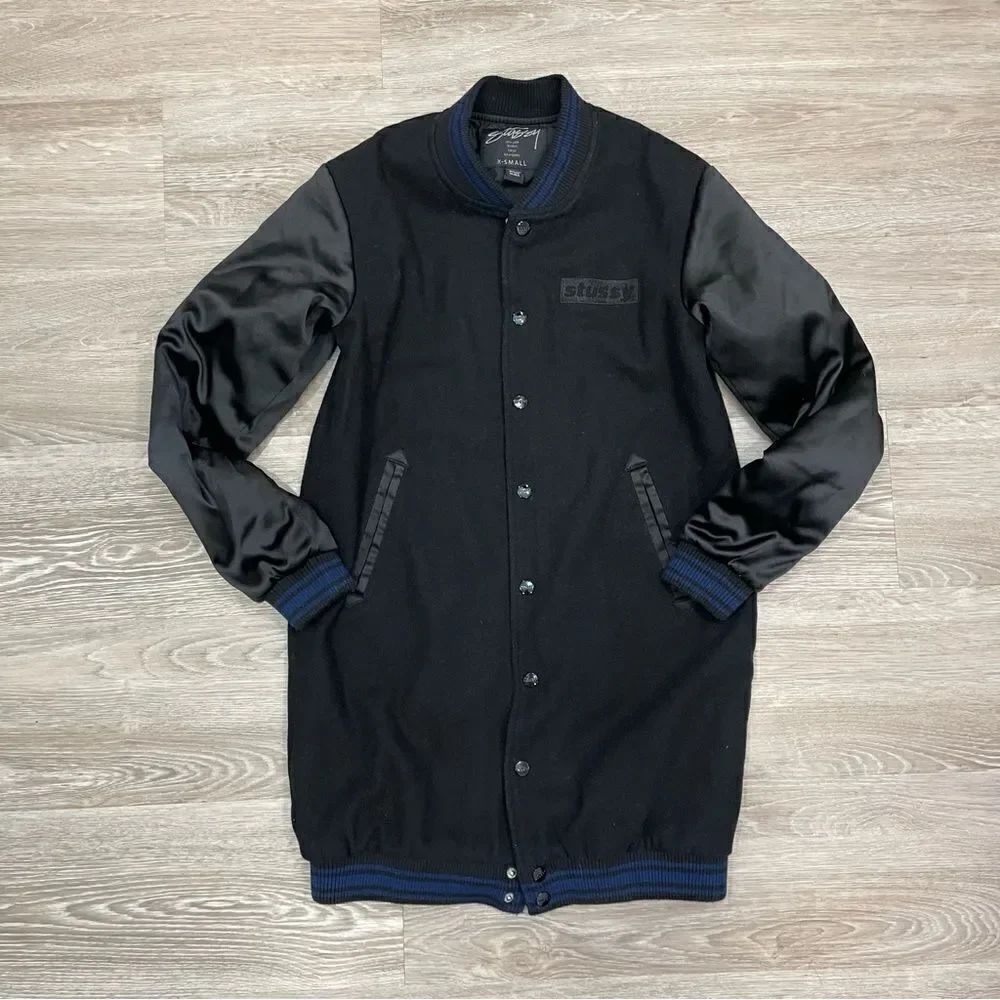 Stussi Black Wool long varsity jacket coat sz XS - Picture 2 of 12
